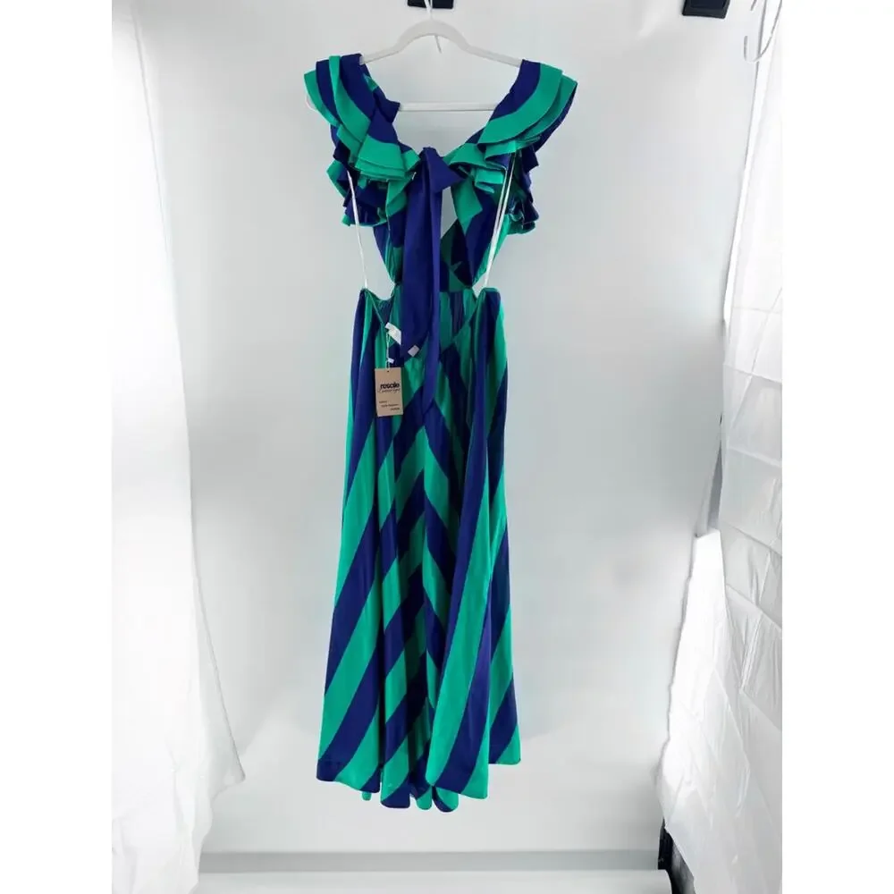 Zimmermann Tiggy Silk Striped Frill Shoulder A-Line Maxi Dress Green Blue 1 / S - Picture 4 of 6